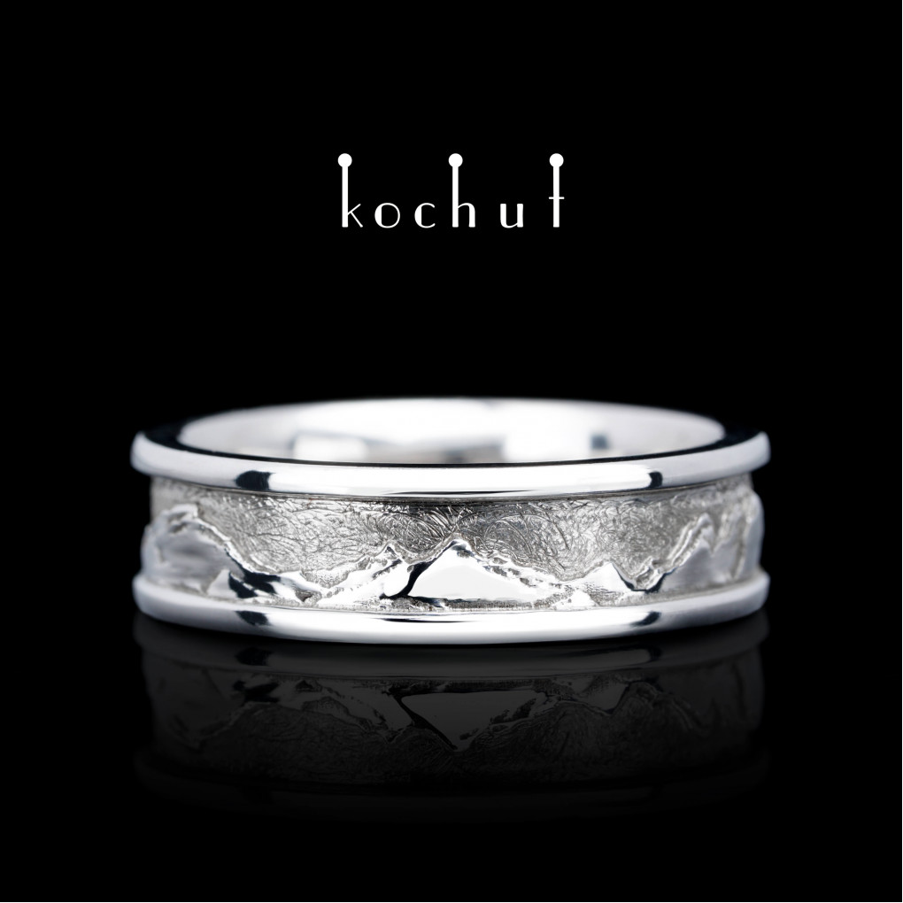 Wedding ring «Peaks of Love». Silver, white rhodium