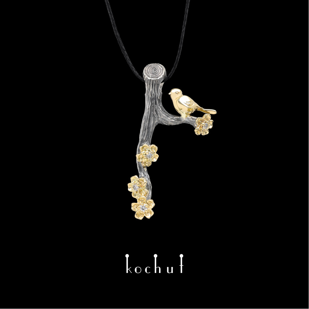 Pendant «Bird and flowers». Silver, yellow gold, diamonds, oxidized