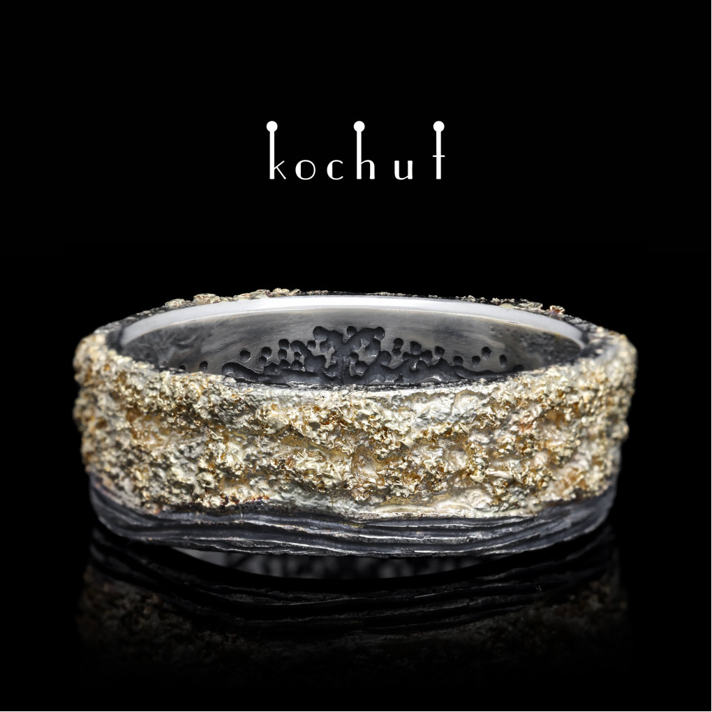 Wedding ring «Soul and body with bark and tree of life». Silver, gold fusing, oxidized