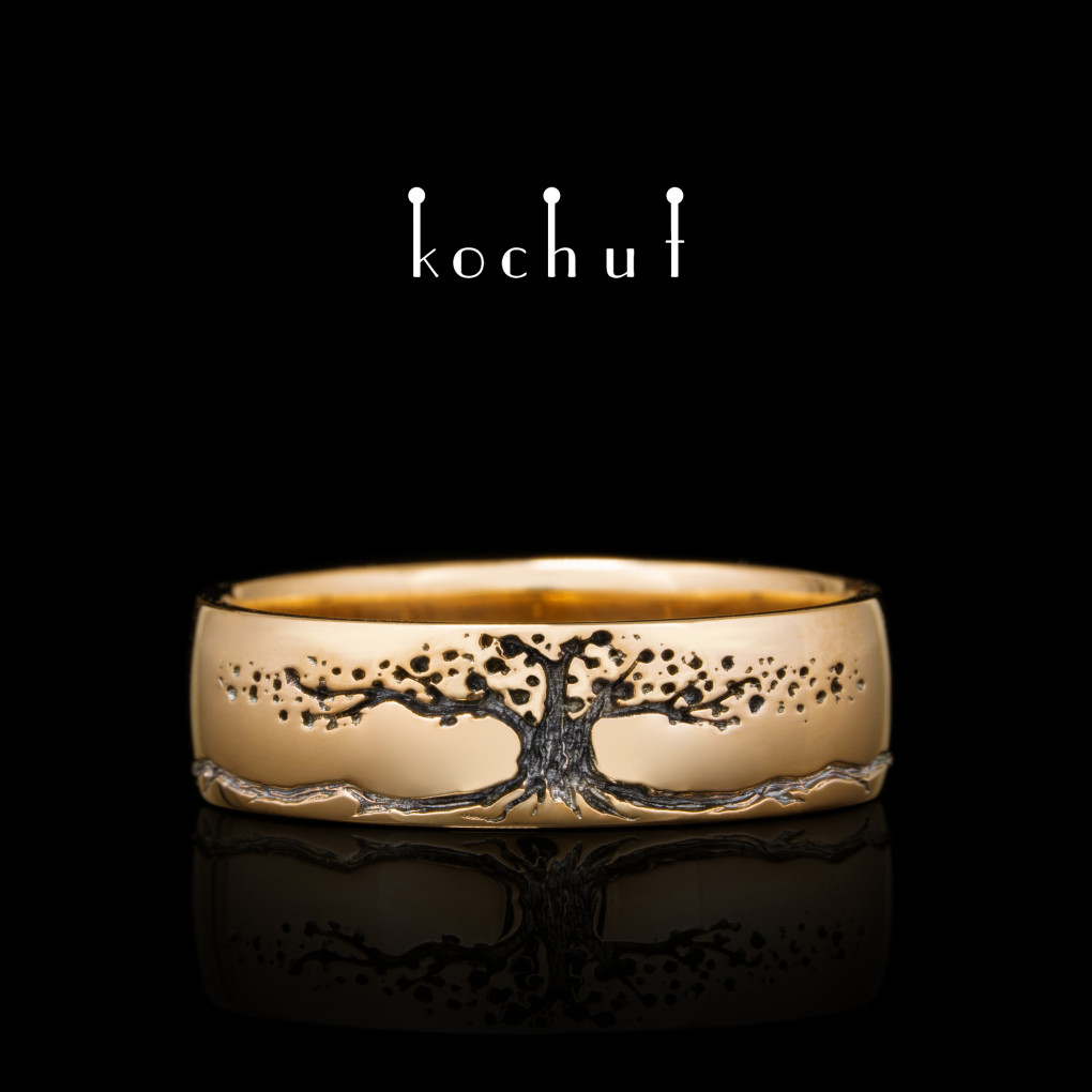Wedding ring «Tree of life with infinity». Red gold, black rhodium