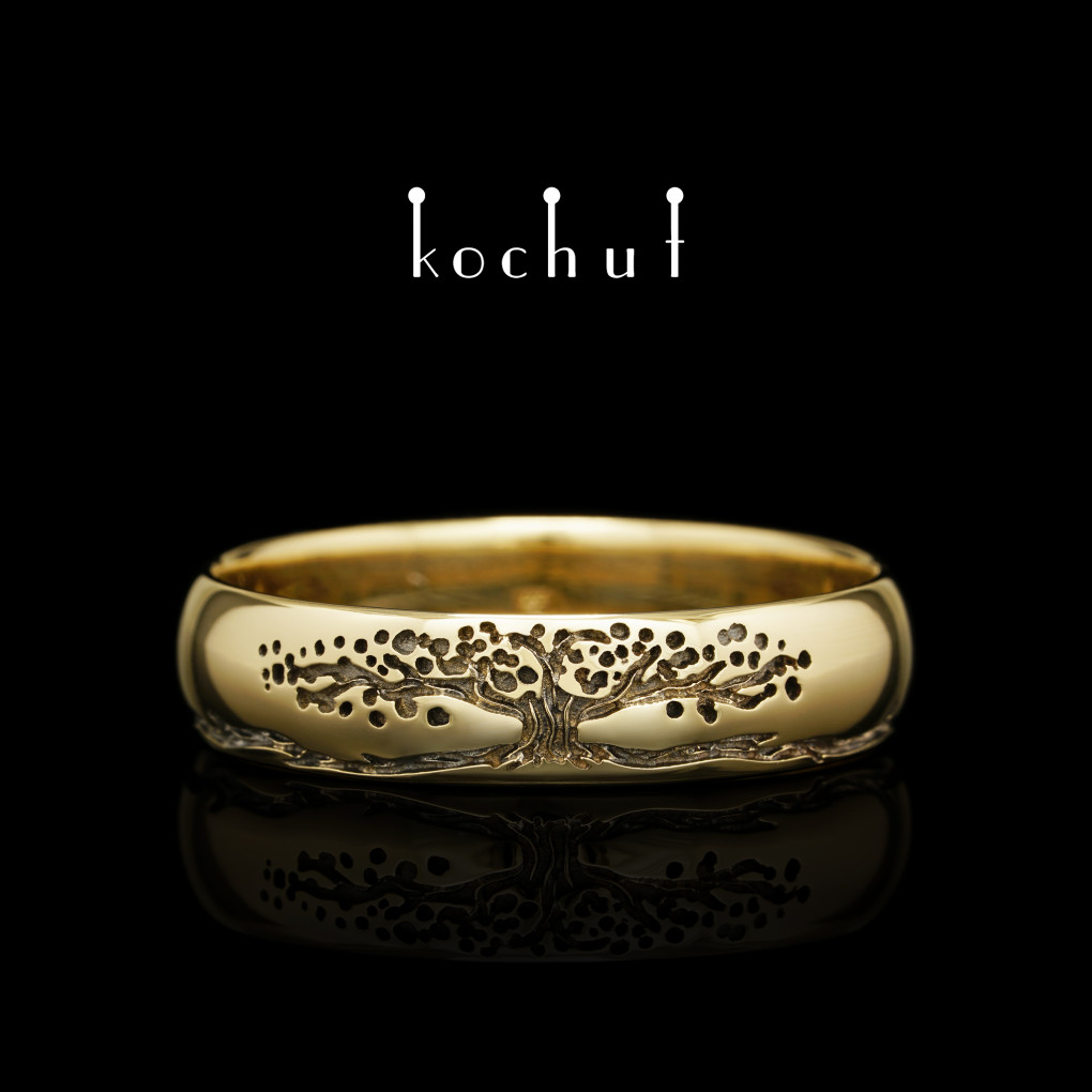 Narrowed Wedding Ring «The Tree of Life: stems». Yellow gold, black rhodium