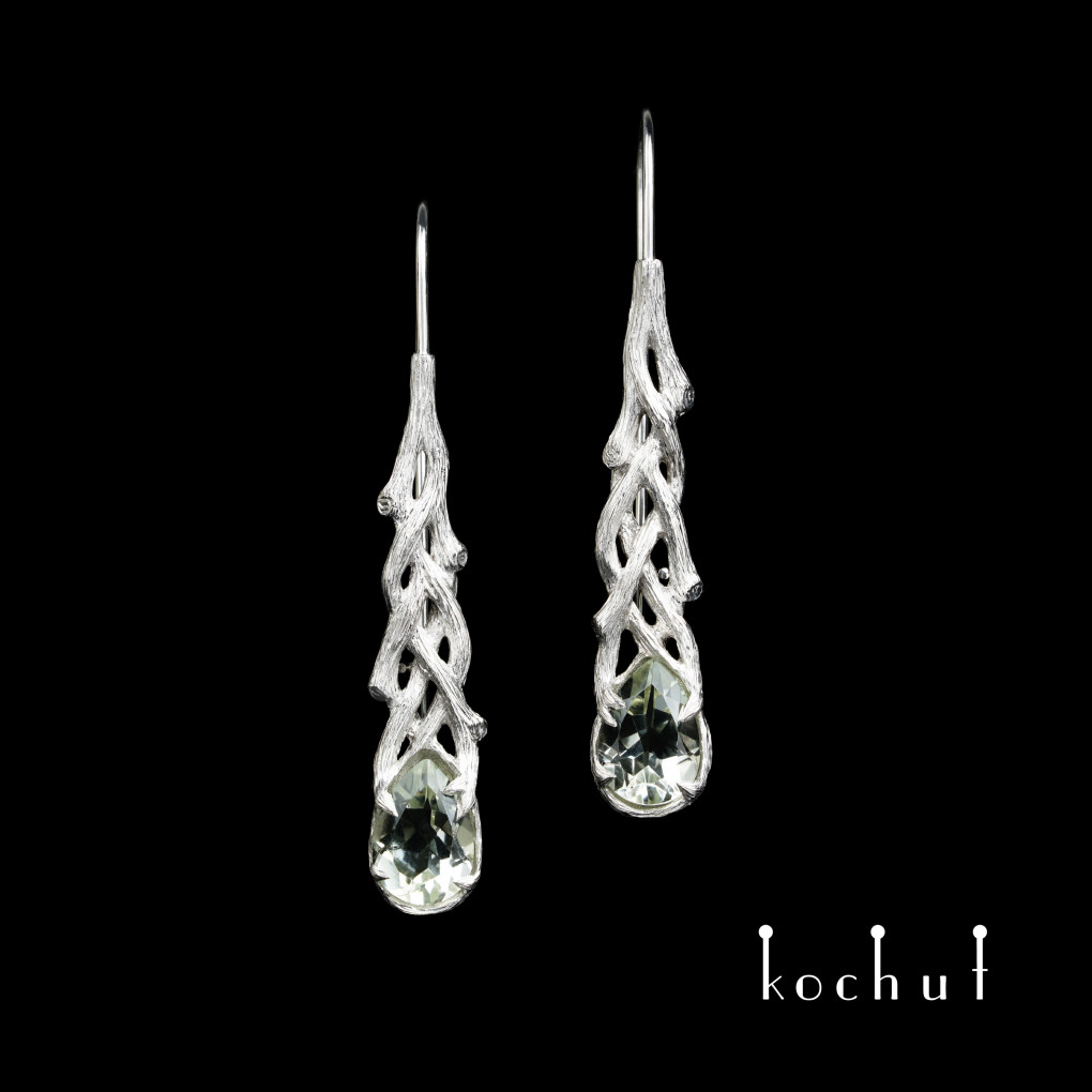 Earrings «Galadriel». White gold, green amethysts, white rhodium