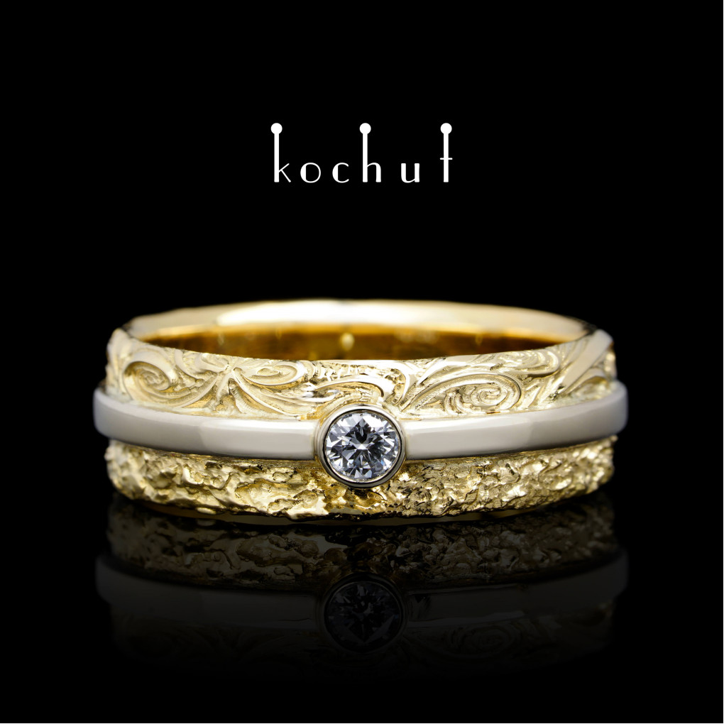 Wedding ring «In joy and in sorrow». White and yellow 18K gold, diamond
