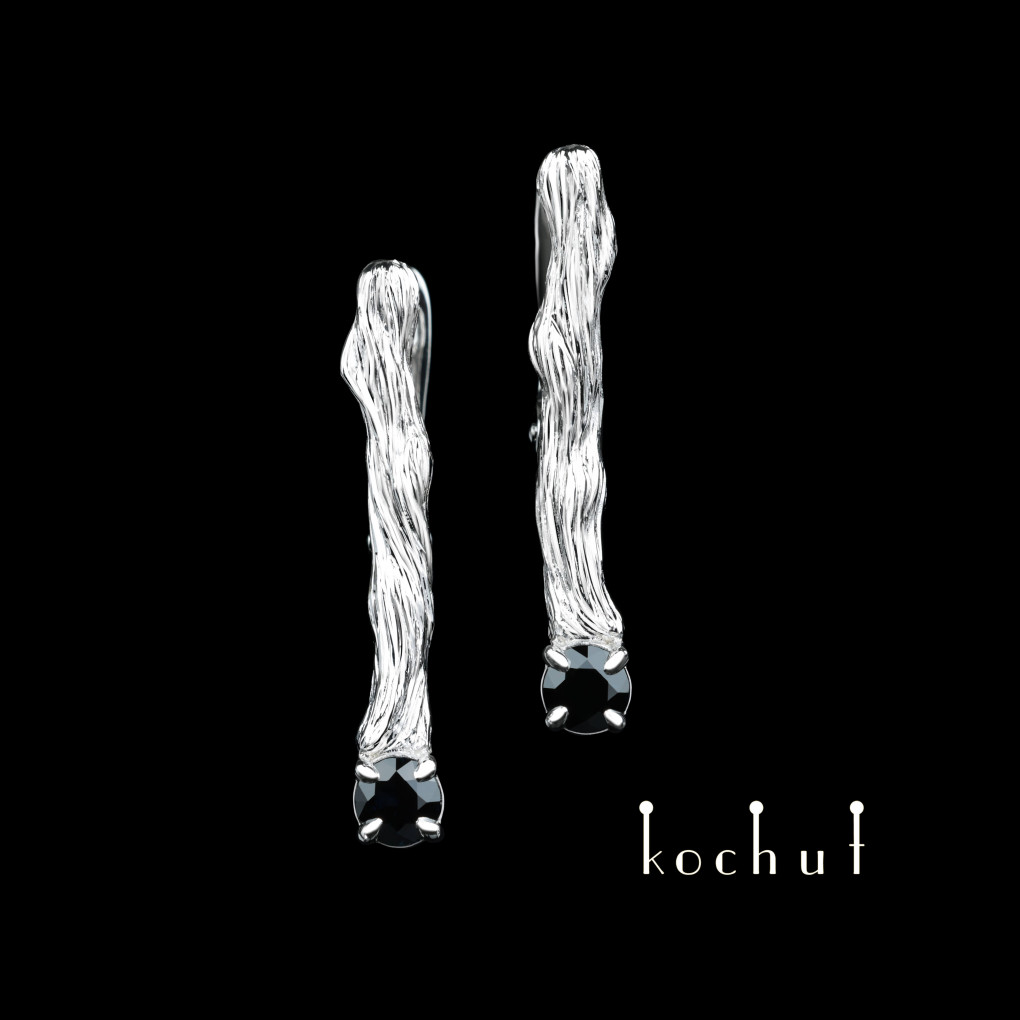 Earrings «Twigs». White gold, white rhodium, sapphires
