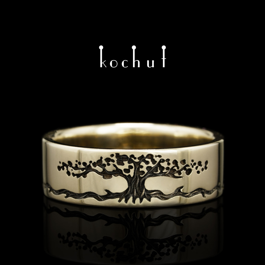 Glossy wedding ring «Tree of Life: stems». White gold, black rhodium