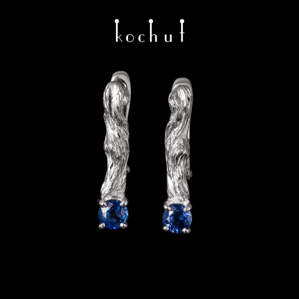 Earrings «Little twigs». White gold, white rhodium, sapphires