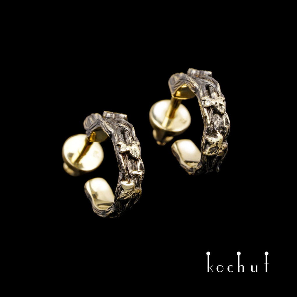 Earrings «Morning Glory». Yellow gold, black rhodium