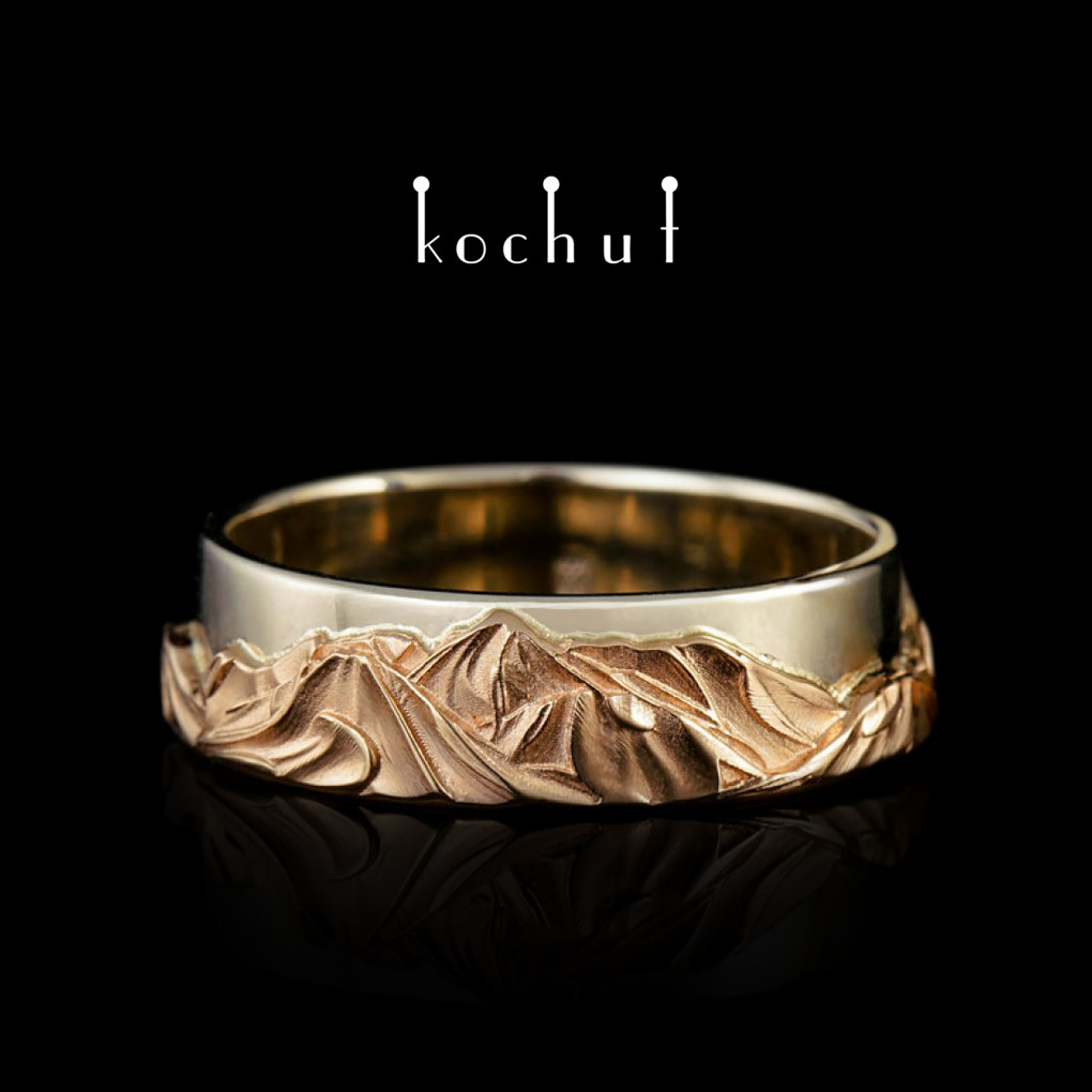 Wedding ring «Peaks of Love». Red and white gold