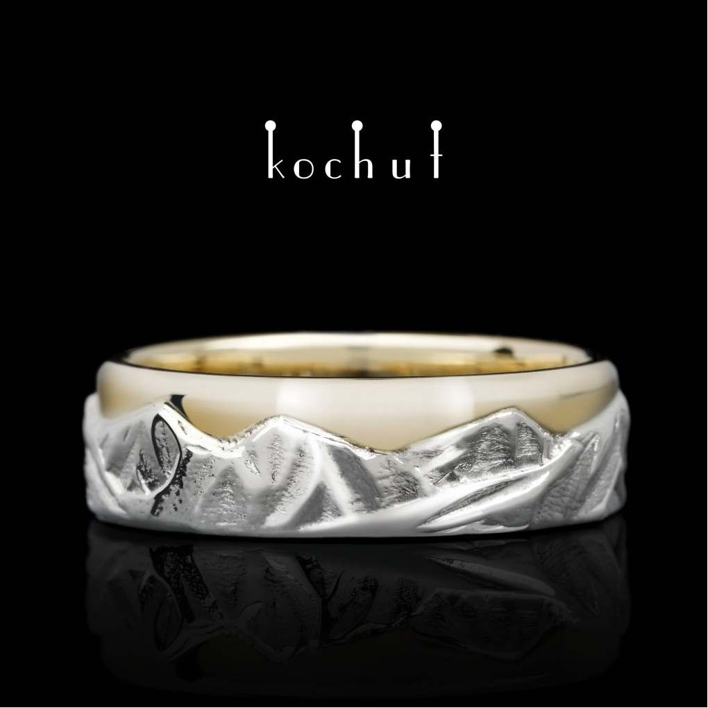 Wedding ring «Peaks of Love». Silver and yellow gold