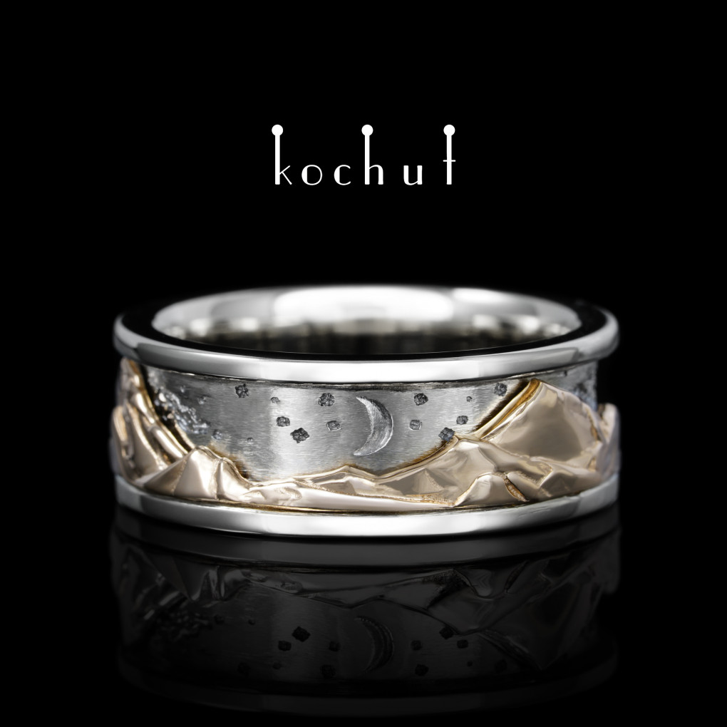 Wedding ring «Peaks of Love: kinematic». Silver and red gold, oxidized