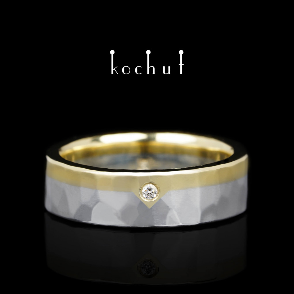 Flat-shaped wedding ring «Iceberg of feelings». Yellow gold, silver, diamond