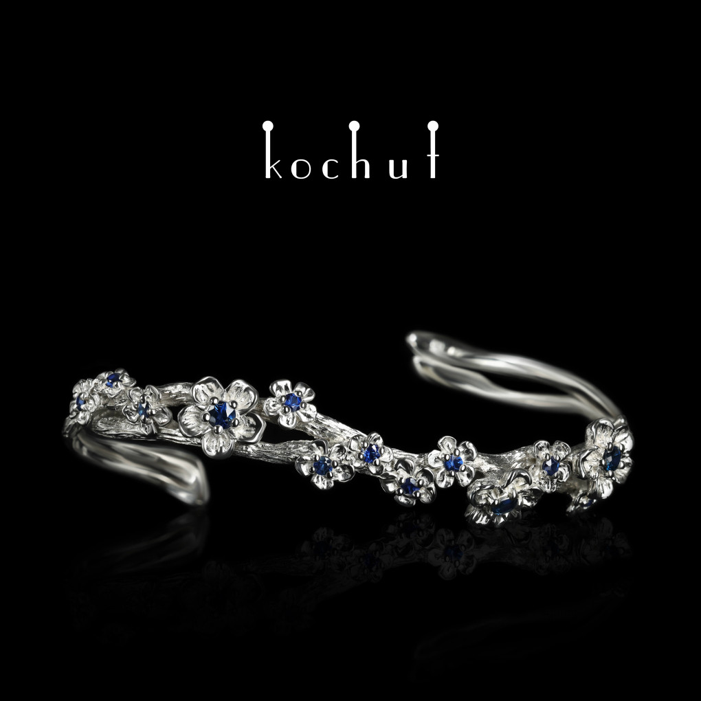 Bracelet «Flower tiara». Silver, white rhodium, sapphires