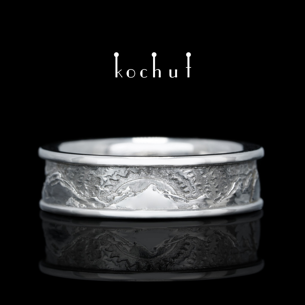 Wedding ring of «Peaks of Love: sun and moon». Silver, white rhodium