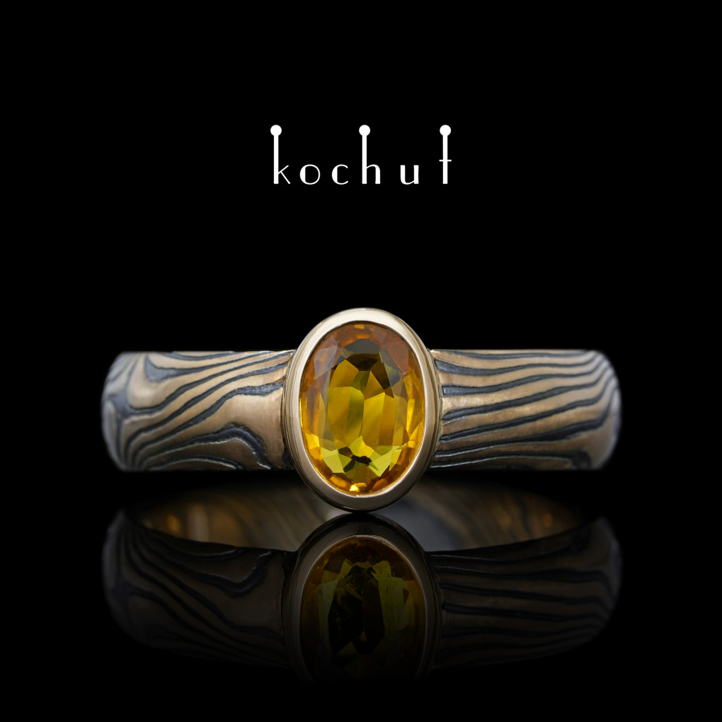 Ring mocume «Sophora Nectar». Red gold, etched silver, oxidized, yellow sapphire