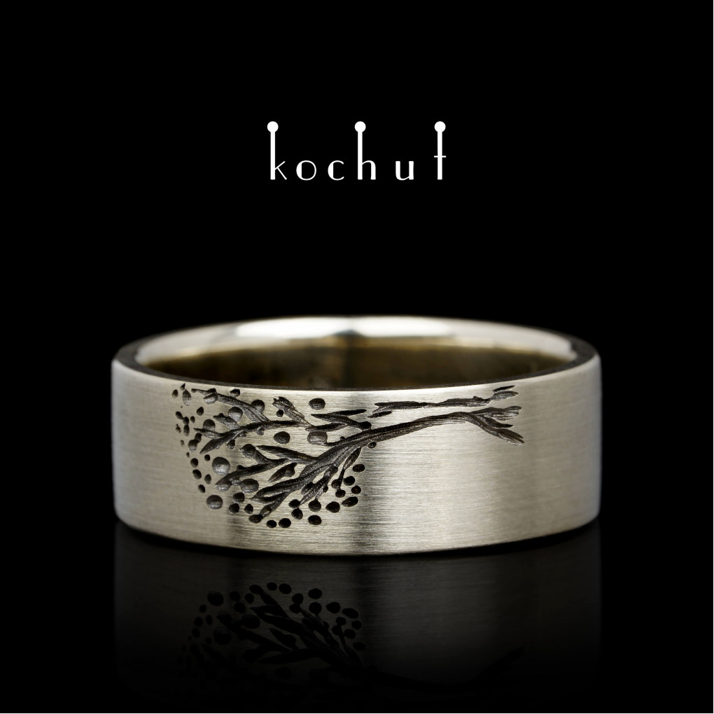 Flat-shaped wedding ring «Tree of Life: halves». White gold, black rhodium