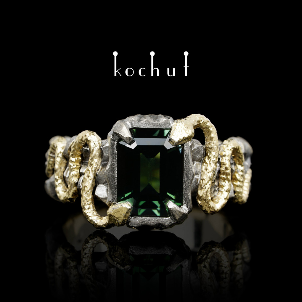 Ring «Temptation». White gold, yellow gold, tourmaline, black rhodium