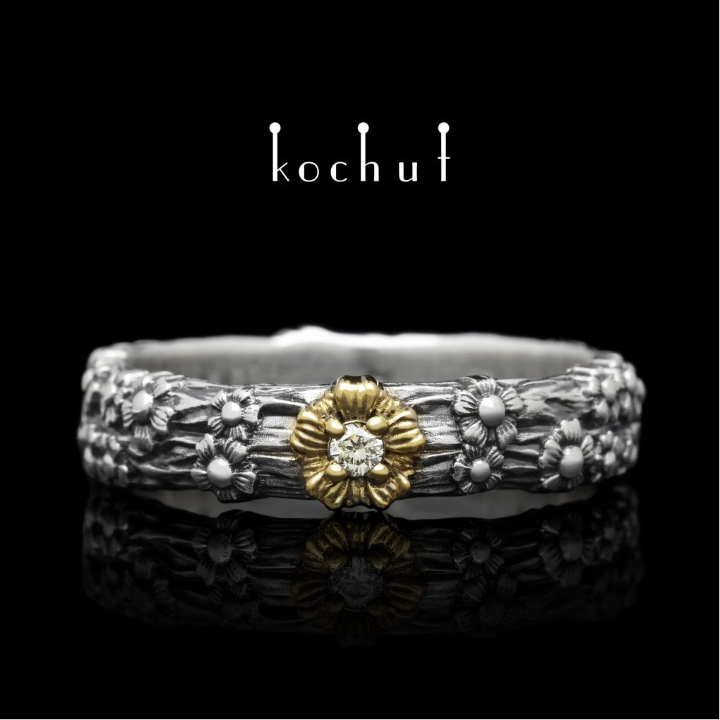 Engagement ring «Forget-me-not». Silver, oxidized, gilding, pale yellow diamond