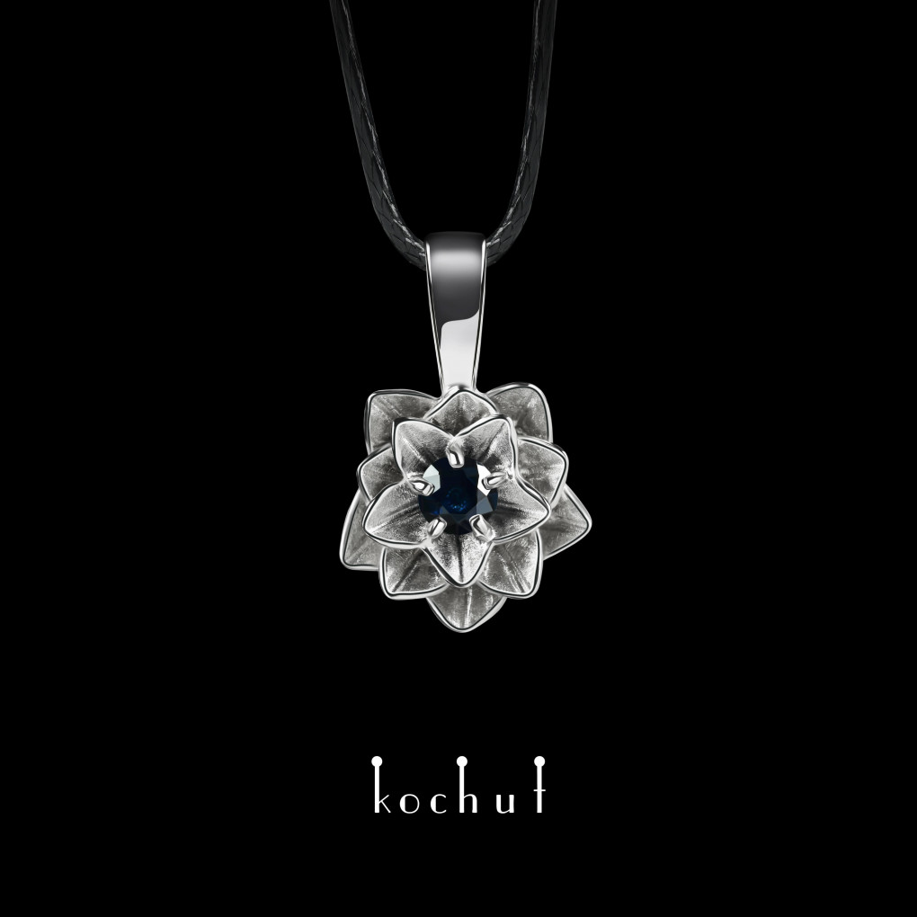 Pendant «Heart Lotus». White gold, sapphire, white rhodium