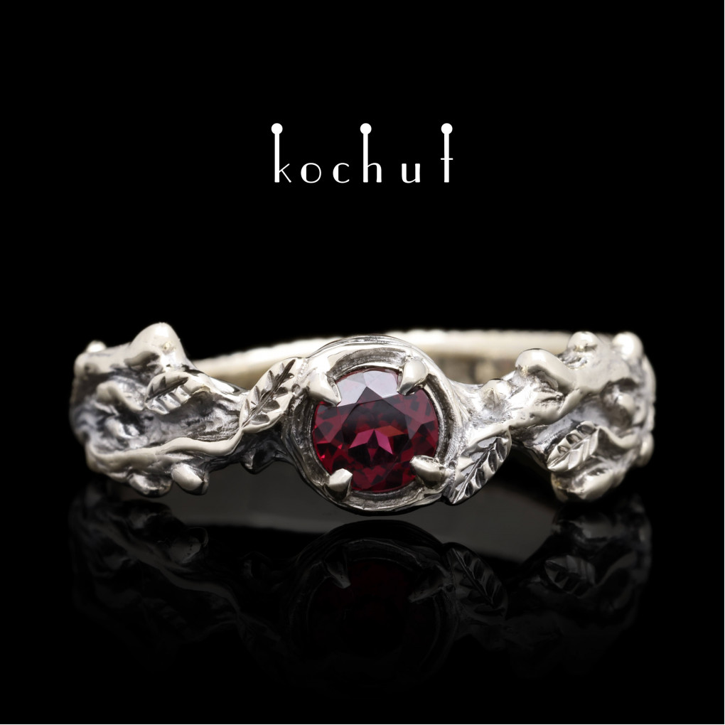 Engagement ring «Sprouts». White gold, garnet rhodolite, black rhodium