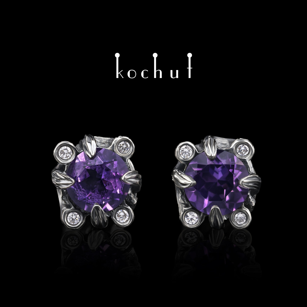Earrings «Enchanted forest». Silver, amethyst, diamonds, oxidized