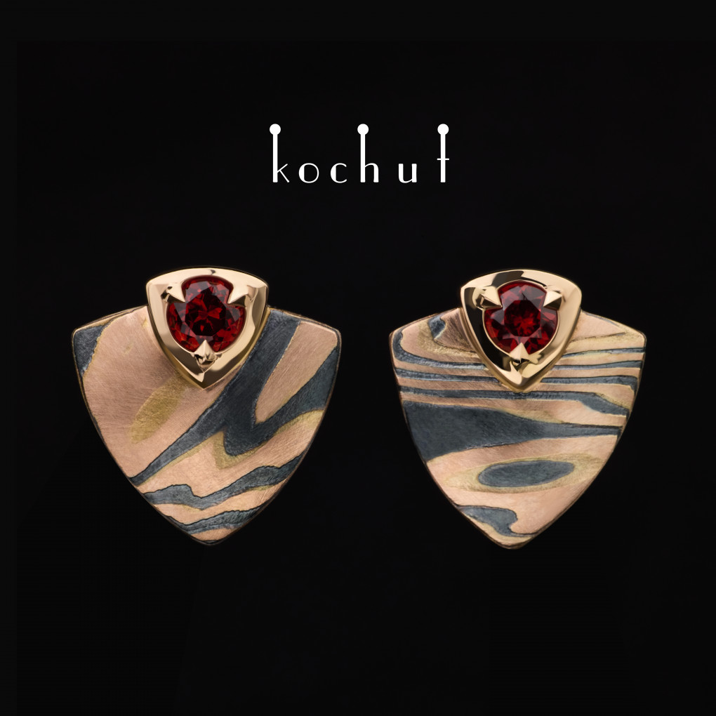 Earrings mokume «Seiche». Red gold, etched silver, garnets, oxidized