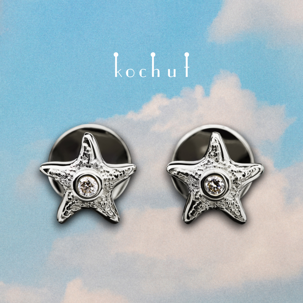 Earrings «Starfish seashell». White gold, diamonds, white rhodium