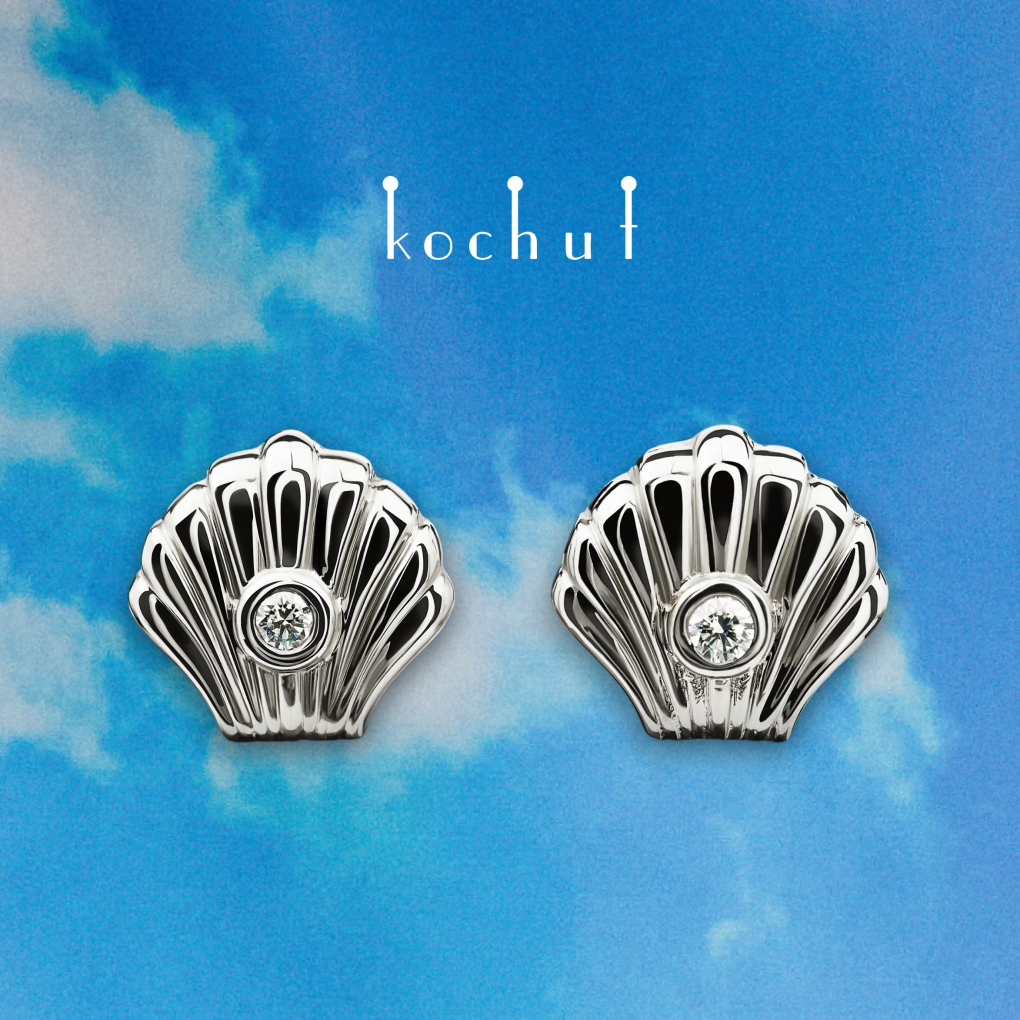 Earrings «Seashell». White gold, diamonds, white rhodium